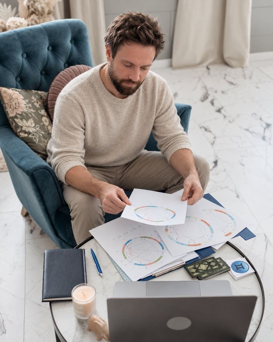 Roman working through printed chart wheels