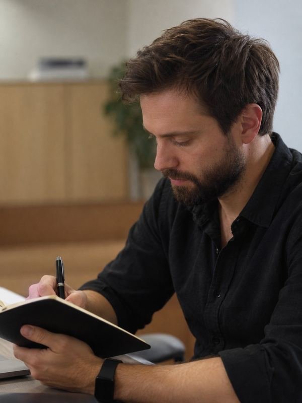 Roman writing up a reading in a notebook